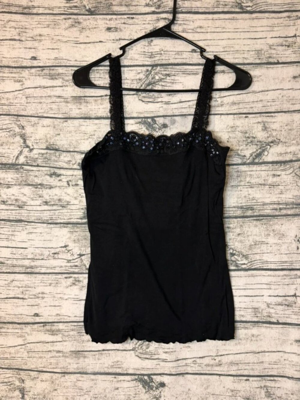 Black Lace Sequin Trim Cami Tank Top - L
